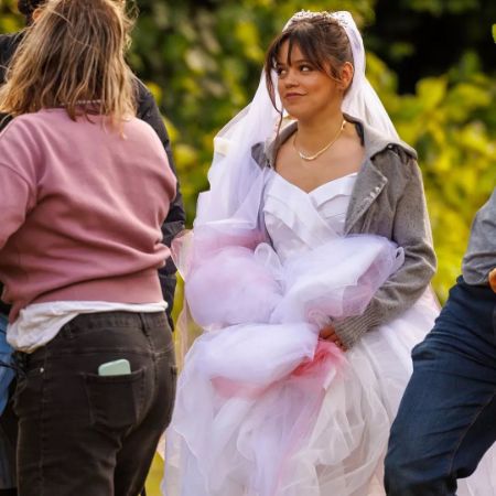 Jenna Ortega on the set of Beetlejuice 2 in a wedding dress. 